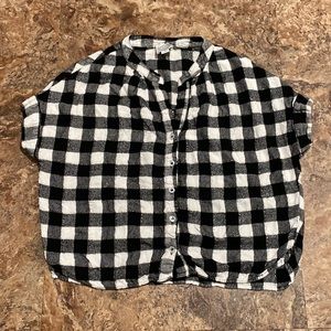 3/$16 Blue Rain Top S Gold Shimmer Plaid Flannel Cuffed Short Sleeves V Neck